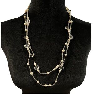 Mary Kay Rope Necklace Toggle Closure White Silver Tone Gray Beads